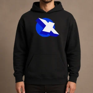 Premium Top X Logo On Blue Circle Symbol Logo Hoodie in navy blue with front graphic print