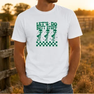 Awesome Aliens Let'S Do Butt Stuff Checkerboard Novelty Meme t shirt in black, short sleeve casual tee with graphic print