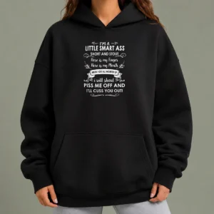 Funny I'M A Little Smart As Short And Stout Hoodie in black, comfortable pullover with front pocket and drawstring hood