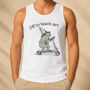 Funny Premium Frog Off To Teach Art With Iced Coffee On Scooter Tank Top