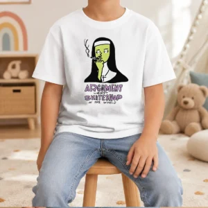 Official Smoking Nun Argument Worst Skateshop In The World Kids T Shirt in vibrant colors on a comfortable cotton fabric