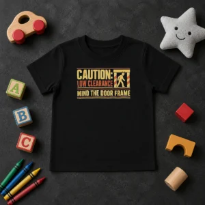Original Premium Caution Low Clearance Mind The Door Frame Kids T-Shirt