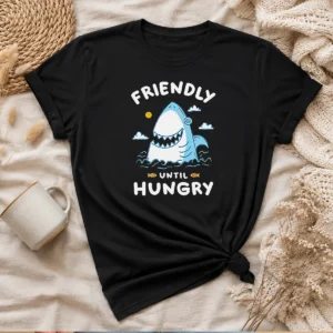 Nice Shark Grinning Friendly Until Hungry t shirt showing front graphic design on a classic crew neck cotton tee