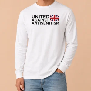 Pretty United Against Antisemitism UK Flag Anti Hate Long Sleeve Shirt in white with bold graphic print