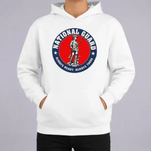 Hot Funny National Guard Always Ready Always There Hoodie in charcoal gray, front view with kangaroo pocket and drawstring hood