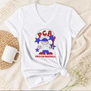 Nice Original PCA Chicago Baseball Character Shirt With Pinstripe Uniform And Baseball Bat V Neck Shirt in white cotton fabric
