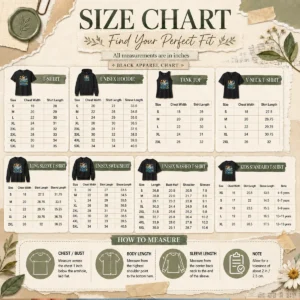 Size chart for Original Cute Kittens Of The Sea Watercolor Line Art with measurements in inches and cm