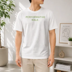Original Performative Male t shirt in classic fit with bold graphic print on front, displayed on white background