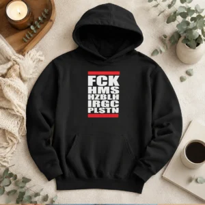 Official FCK HMS HZBLH IRGC PLSTN Acronym Hoodie in black with front logo print