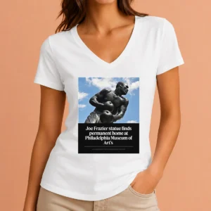 Top Joe Frazier Statue Finds Permanent Home At Philadelphia Museum Of Art's V Neck Shirt in black, featuring a classic v neck style