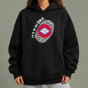 Official Hot It'S In My DNA Arkansas Hoodie in black with front logo print, warm and comfortable pullover