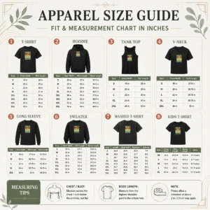 Size chart for Nice Chaotic Good D20 Retro Stripes showing measurements in inches and cm