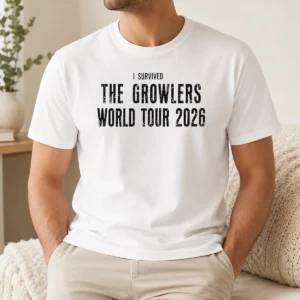Nice I Survived The Growlers World Tour 2026 t shirt in black, classic crew neck cotton tee