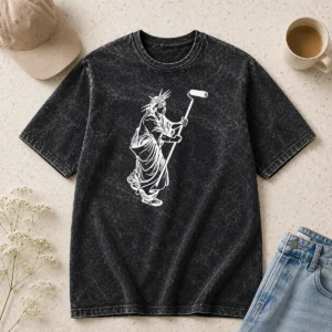 Official Statue Of Liberty Painting With A Paint Roller Icon Meme Washed T Shirt in faded green color, short sleeve cotton tee