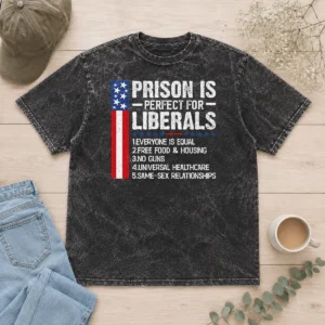 Official Prison For Liberals Washed T Shirt in soft cotton with a vintage washed finish and bold printed text