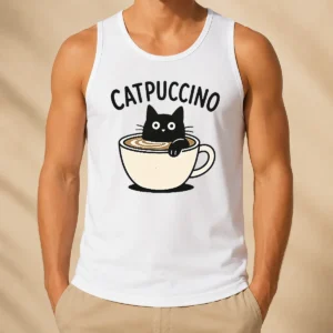 Official Pretty Catpuccino Tank Top in white, featuring a sleeveless design and relaxed fit