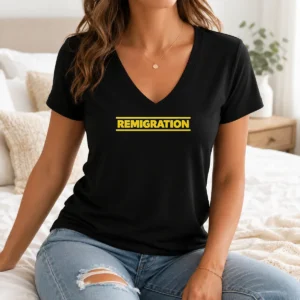 Premium Remigration Design V Neck Shirt displayed on a white background, showing a fitted casual v neck garment