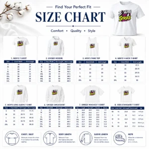 Size chart for Pretty Bowling For Strike Streetwear showing measurements in inches and cm