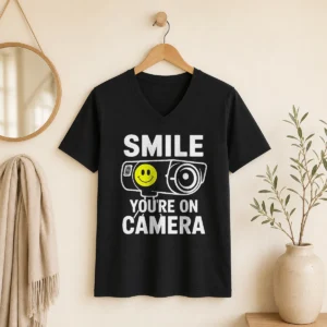 Top Smile You'Re On Camera Security Camera With Smiley Face V-Neck Shirt