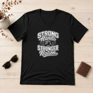Funny Labour Day Strong Hands Stronger Nation Line Art V-Neck Shirt