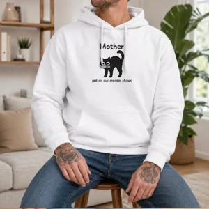 Official Mother Put On Our Murder Shows Black Cat Hoodie in black, featuring a cozy pullover design with front pocket
