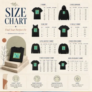Size chart for Funny River Babe Retro Stripes Sunshine with measurements in inches and cm
