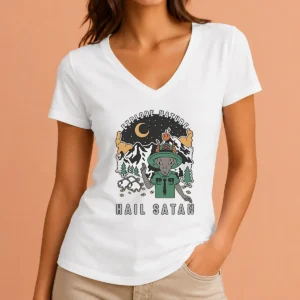Hot Goat Scout Pointing Explore Nature Hail Satan V Neck Shirt in black with bold graphic design