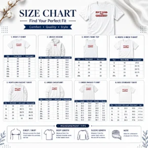 Size chart for Premium Awesome Isn'T God The Greatest Faith Religious Message Screen Print with measurements in inches and cm