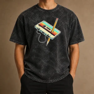 Pretty Retro Cassette Tape With Pencil 90s Nostalgia design printed on a soft washed t shirt in light gray