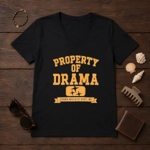 Good Property Of Drama Athletic Dept NY V Neck Shirt in white, featuring a classic athletic department graphic print