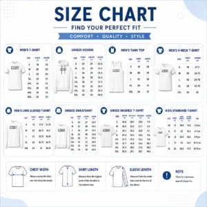 Size chart for Good Nice Spillers Records Est 1894 with measurements in inches and cm