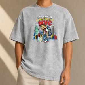 Hot Pretty NYC Trip Survivor Vector printed on a soft washed t shirt in light gray, front view