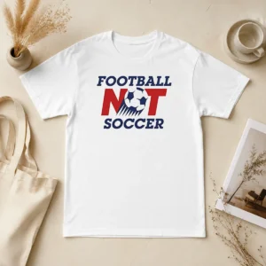 Pretty Football Not Soccer t shirt in black, short sleeve cotton tee with bold white text design