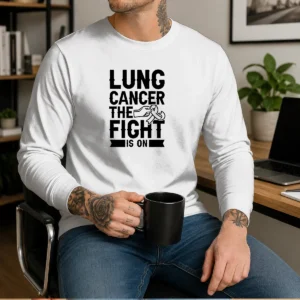 Good Lung Cancer The Fight Is On Awareness Ribbon Support Warrior Survivor long sleeve shirt in dark color with white and blue print