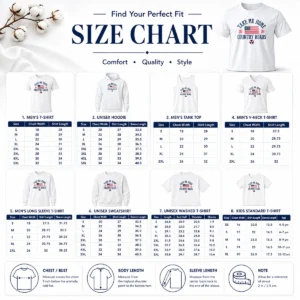 Size chart for Hot Official USA Take Me Home Country Roads 2026 with measurements in inches and cm