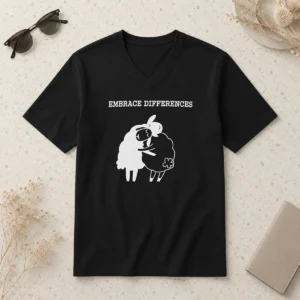 Official Embrace Differences Sheep Hug Hugging Inclusivity V Neck Shirt showing a soft fabric with a unique inclusivity design