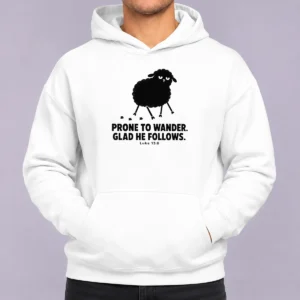 Original Prone To Wander Glad He Follows Hoodie in dark gray, featuring front pocket and adjustable hood