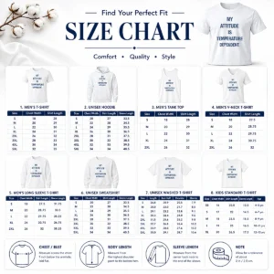 Size chart for Good Awesome My Attitude Is Temperature Dependent with measurements in inches and cm
