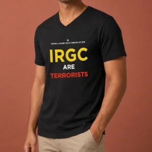 Hot IRGC Are Terrorists National Security State Threats Act 2026 V Neck Shirt in black, front view