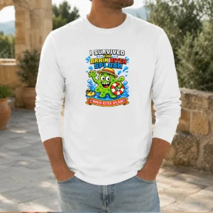 Funny Brain Biter Splash Pixel Survival long sleeve shirt showing front design with vibrant pixel art and comfortable fit