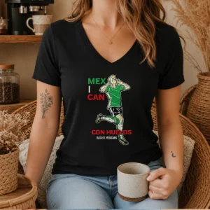 Pretty Mexican Con Huevos Badass Mexicans Mexico Soccer V Neck Shirt in black with bold colorful graphic