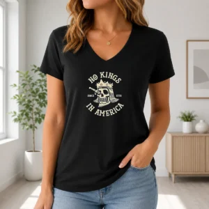 Original No Kings In America Since 1776 Skull American History design on a dark gray V neck shirt