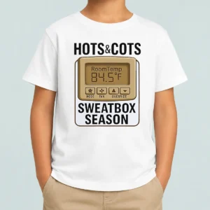 Original Hots And Cots Sweatbox Season Thermostat Kids T Shirt in vibrant colors, short-sleeve cotton tee for children