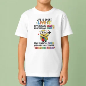 Original Premium Minion Life Is Short Live It Love Is Rare Grab It Anger Is Bad Dump It Fear Is Awful Kids T-Shirt