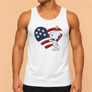 Pretty Snoopy And Woodstock American Flag Heart Tank Top