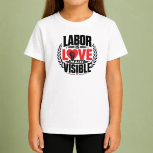Premium Good Labor Is Love Made Visible Silhouette kids t shirt in white with bold graphic design, displayed on child-sized garment