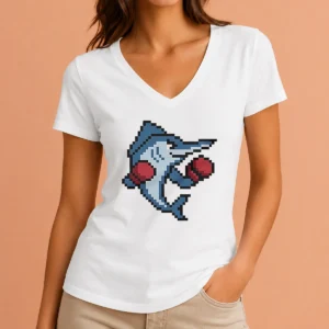 Pretty Miami Marlins Mascot Wearing Gloves El Caballo Pixel Style V Neck Shirt on a black v neck garment