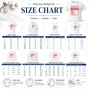 Size chart for Good Short Stands For Scary Hostile Original Rare Terrifying showing measurements in inches and cm