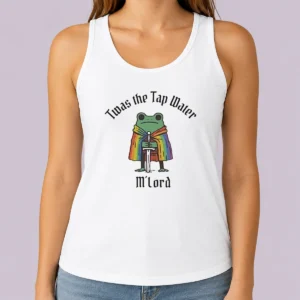 Top Twas The Tap Water Frog LGBTQ Pride Tank Top featuring colorful frog graphic and rainbow pride accents on sleeveless cotton fabric
