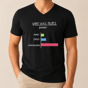 Pretty Hot What Gives People Power Money Status Mitochondria V Neck shirt in black with bold white text design
